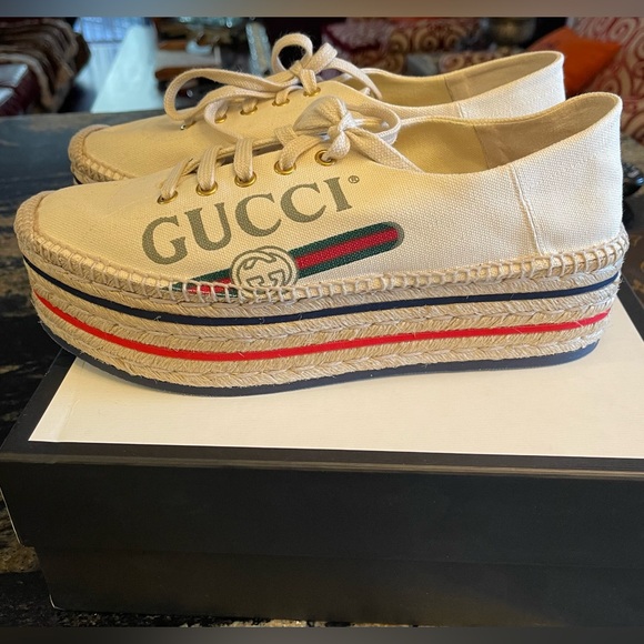 Gucci 41,10.5 Greggio Canvas Lace-Up Platform Espadrilles Shoes NWT - Picture 6 of 11